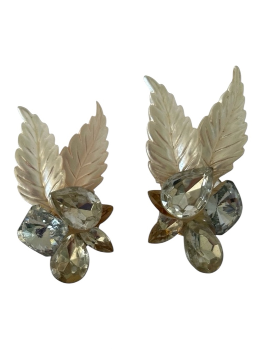 Vintage 80’s Clip-On Earrings Feather Leaf Design Rhinestone Crystal Accents